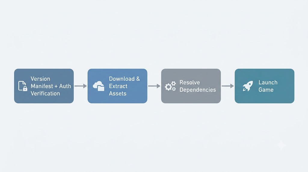 Diagram of the launcher pipeline: manifest and auth, download assets, resolve dependencies, launch
